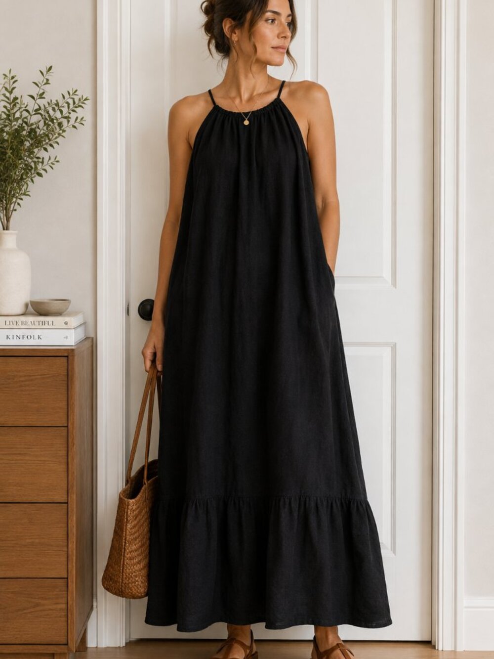 Crown Linen Black 100% Linen Maxi Dress L Oversized Lagenlook Minimalist ✨